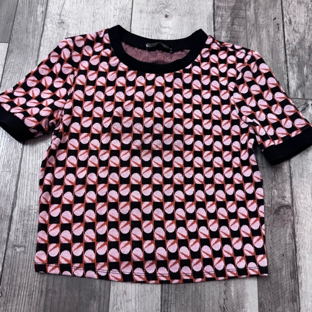 Zara Crop Geometric Print Crop Top Short Sleeve 70’s Small